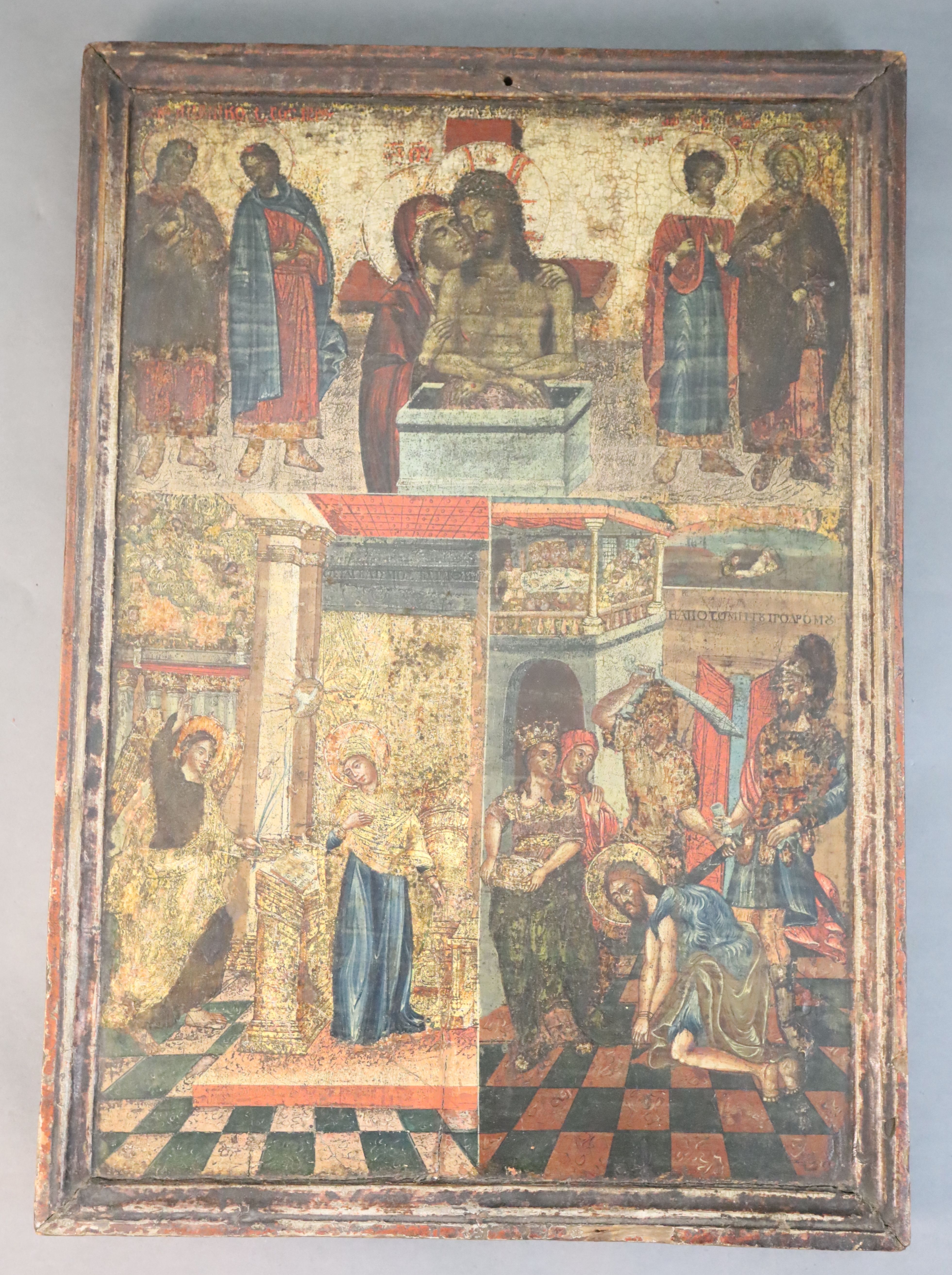 An 18th/19th century Greek tempera on wooden panel icon, 27.75 x 19.75in.